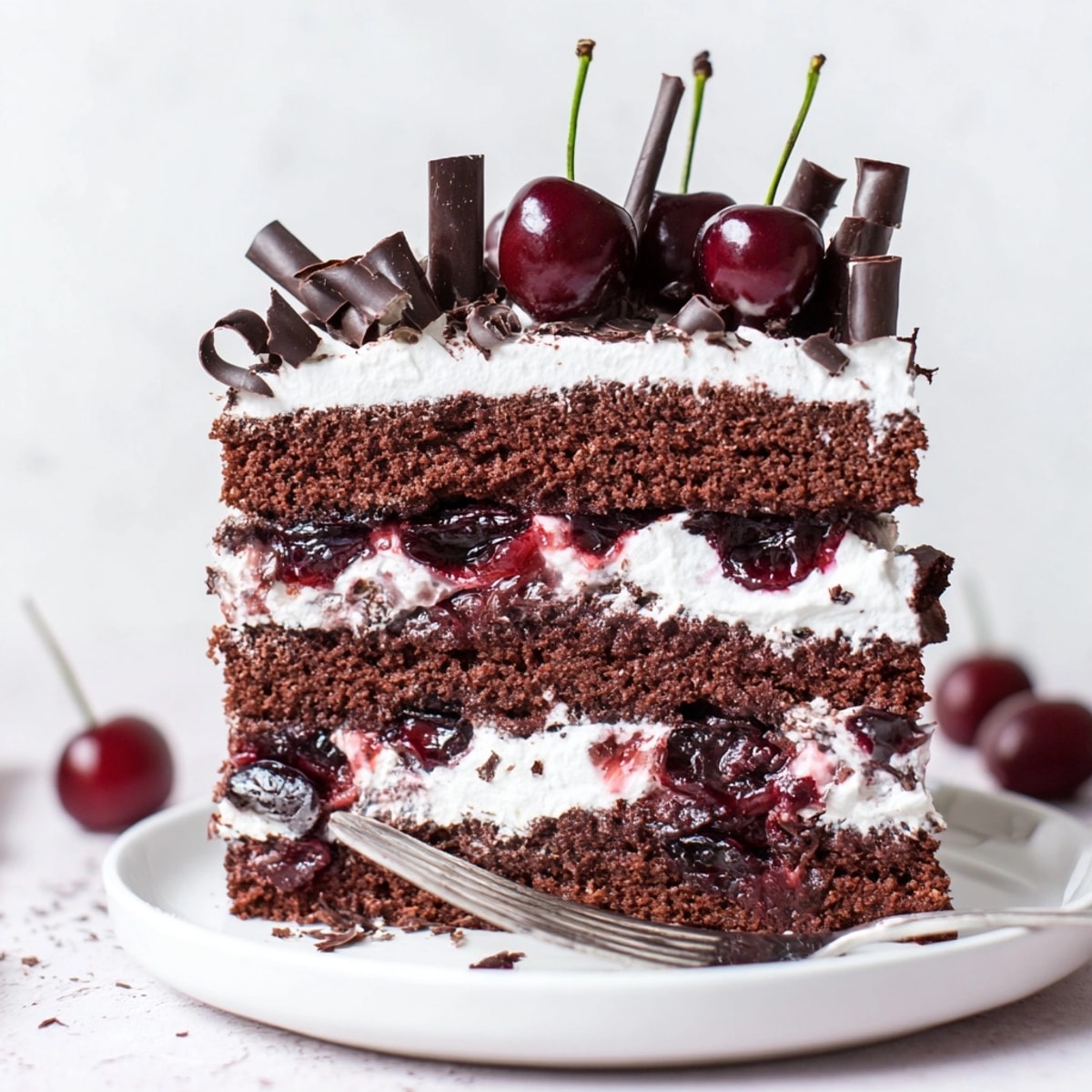 Dekadenter Schwarzwälder Kirschtorte: Schichten aus Schokolade, Kirschen und Schlagsahne, ein Fest für die Sinne.