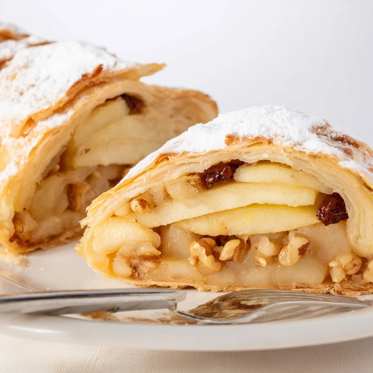 Zarte Apfelstrudel-Scheiben, gefüllt mit gewürzten Äpfeln und Rosinen, frisch gebacken.  