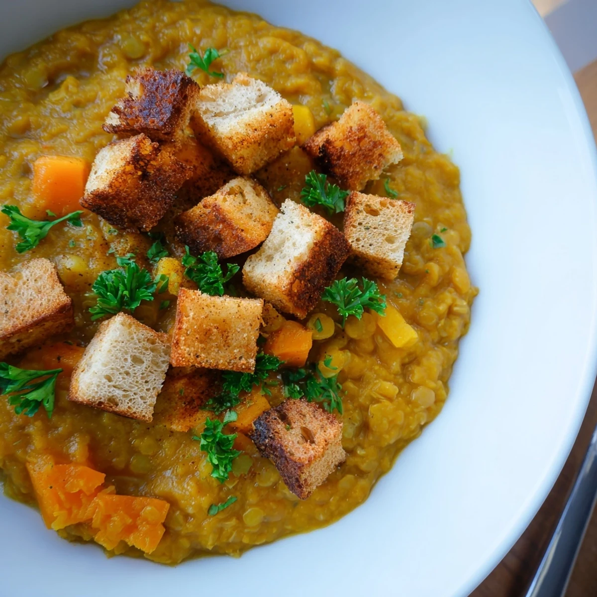 Kremige Kürbis-Linsen-Suppe, serviert mit knusprigen gewürzten Croutons für extra Geschmack.