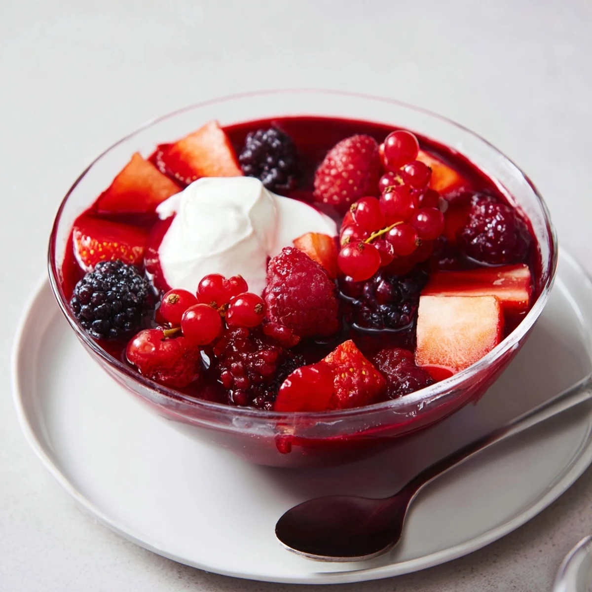 Leckere Berry Rote Grütze, eine fruchtige Dessertsensation, serviert mit Vanillesauce.  