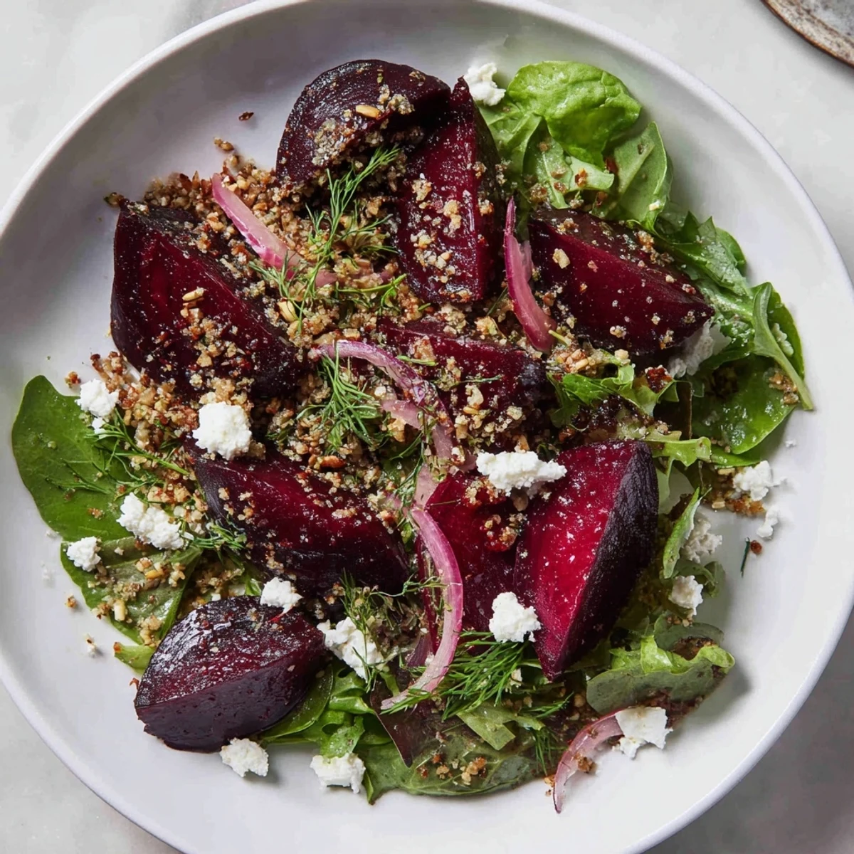 Warm Beet & Caraway Seed Salad with Toasted Rye Breadcrumbs: A colorful plate of freshly prepared warm beet salad.