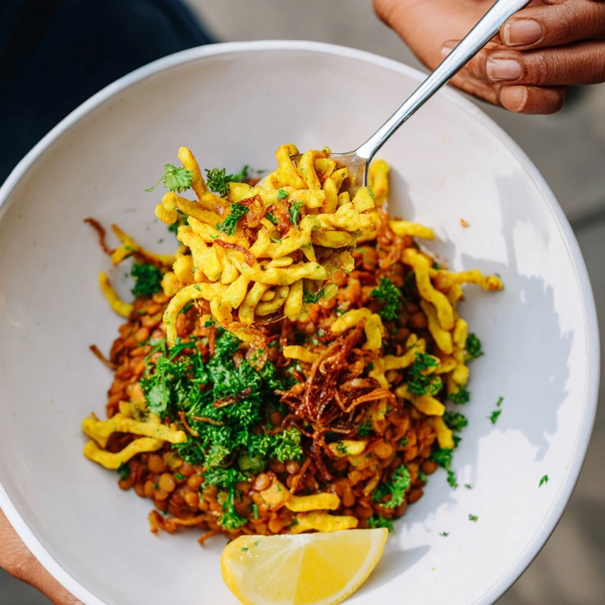 A steaming bowl of vegan German Dahl & Spätzle, garnished with crispy onions and fresh herbs.