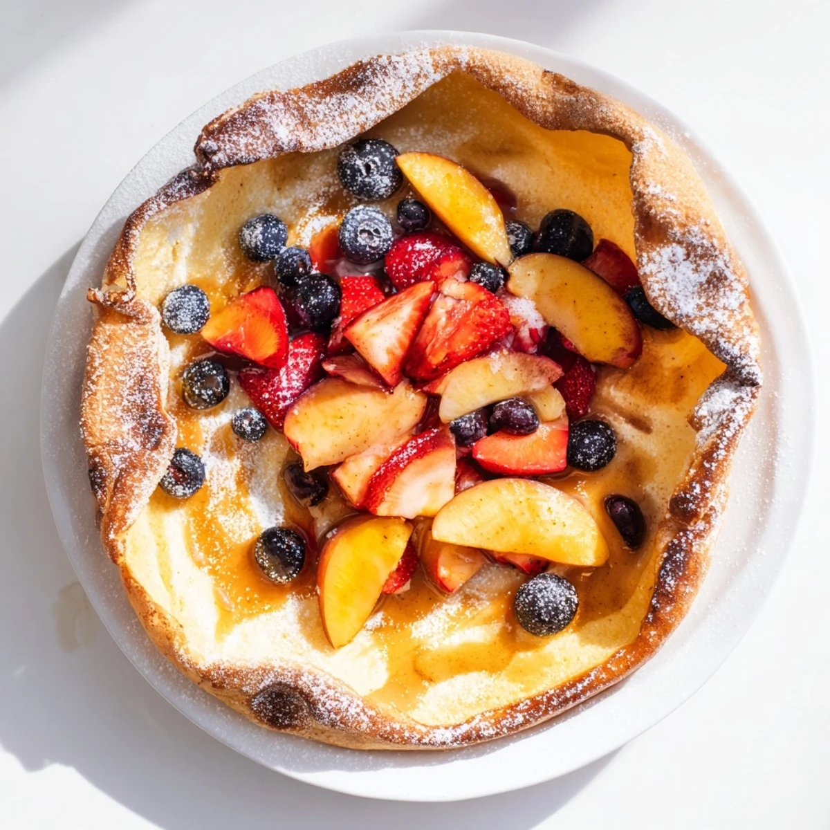 Golden-brown Quick German Pancakes topped with fresh berries and honey, ready to eat this morning.