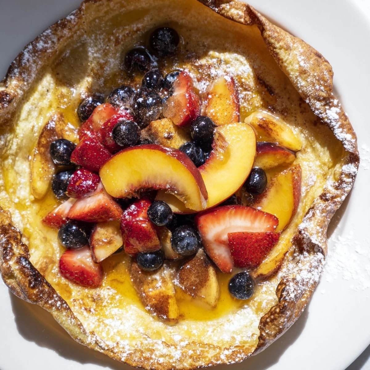 A close-up of a fluffy Quick German Pancake with a generous drizzle of sweet honey and sliced peaches.