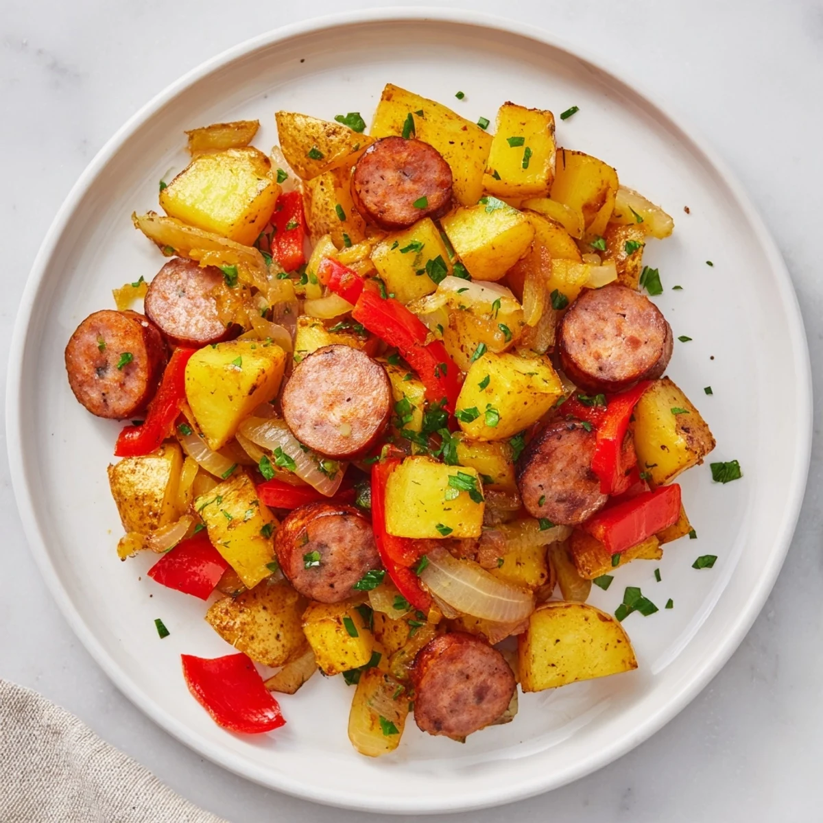 Savory Breakfast Bratwurst Hash with crisp potatoes, onions, and flavorful herbs for brunch.