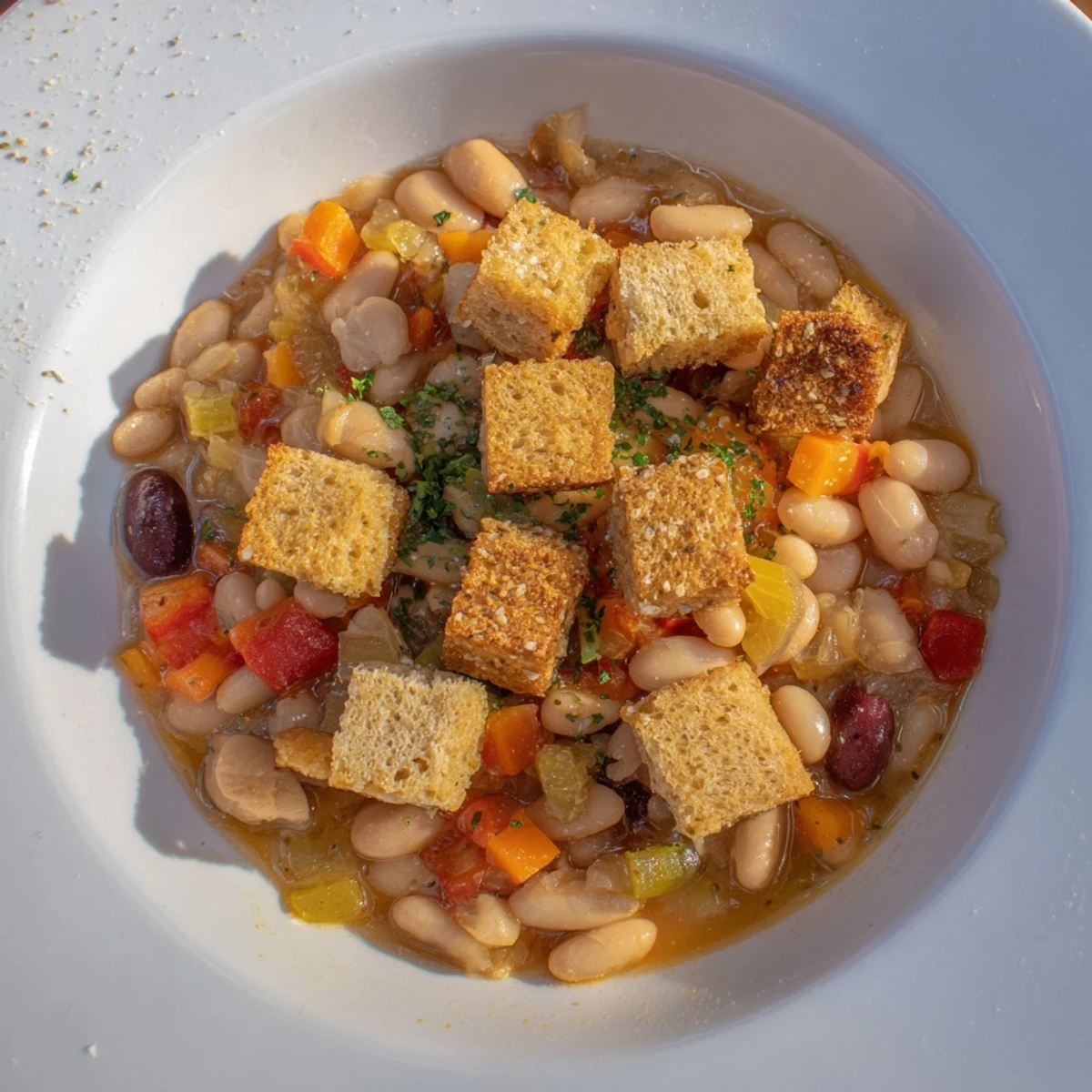Rustic German Bean & Tomato Stew steaming in a bowl, topped with crunchy, golden rye croutons, ready to eat.