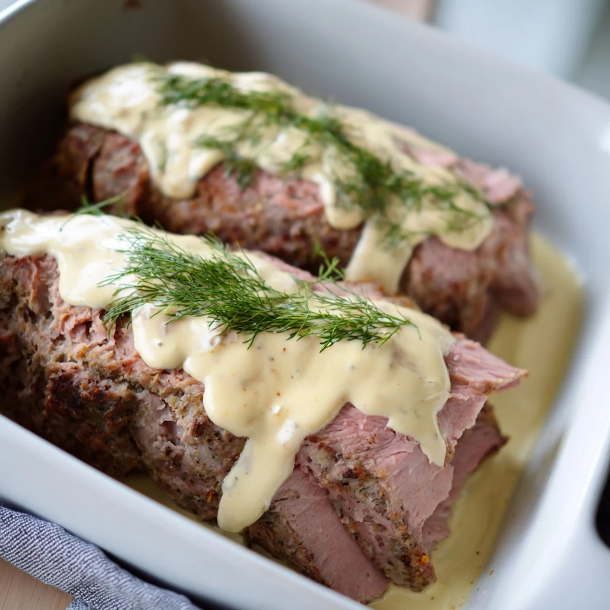 Oven-baked German meatballs swimming in creamy mustard sauce, ready for a comforting meal.