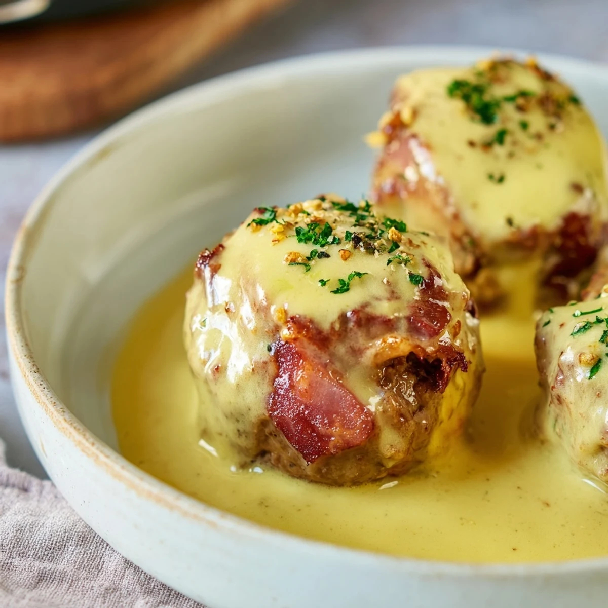 Close-up of golden-brown oven-baked German meatballs, generously drizzled with tangy mustard sauce.