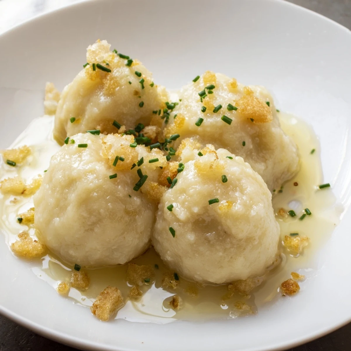 Golden, pillowy potato dumplings with luxurious truffle oil; imagine the savory aroma rising from the plate.