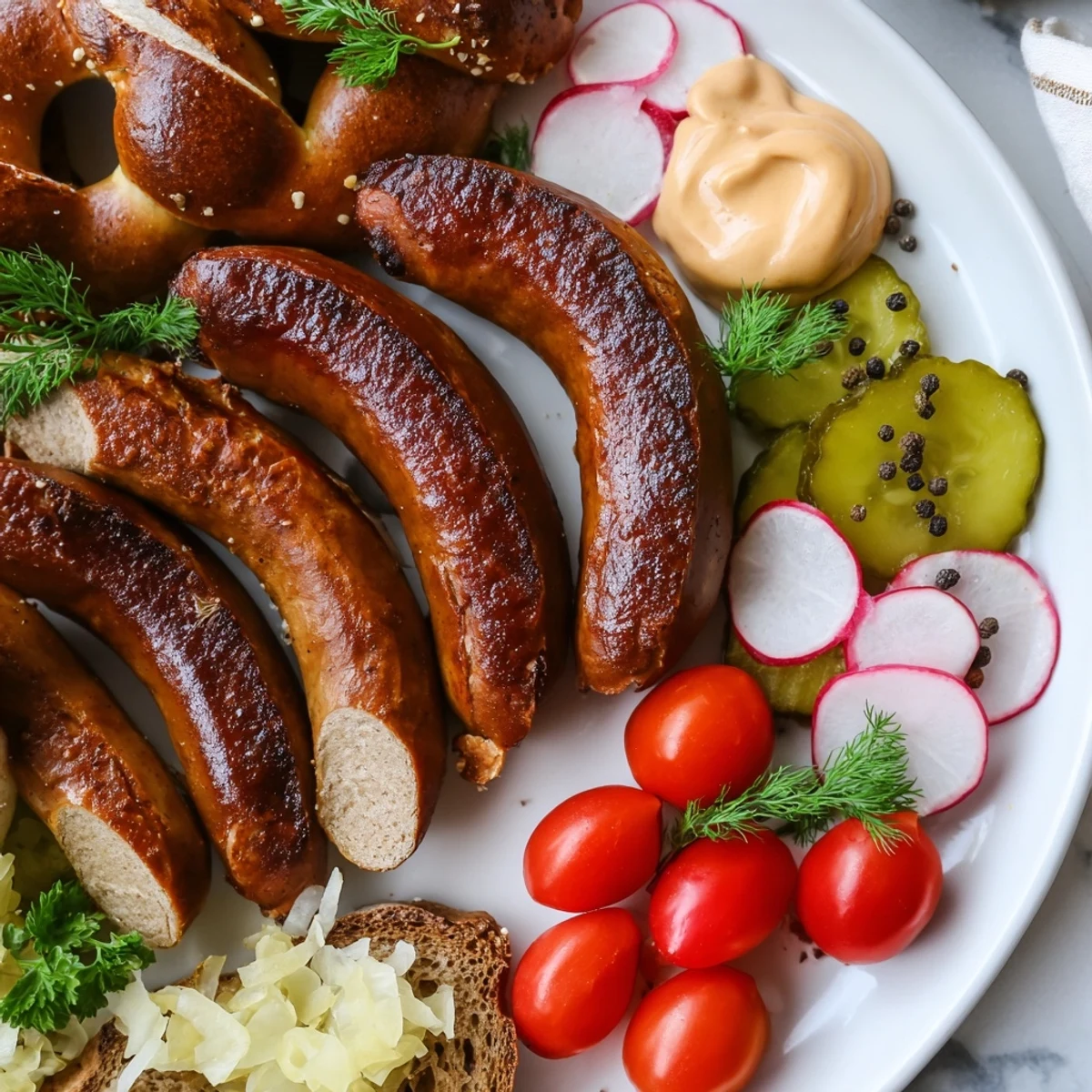 Delicious Vegan German Sausage Board arranged with colorful vegetables, perfect for a gathering of friends.