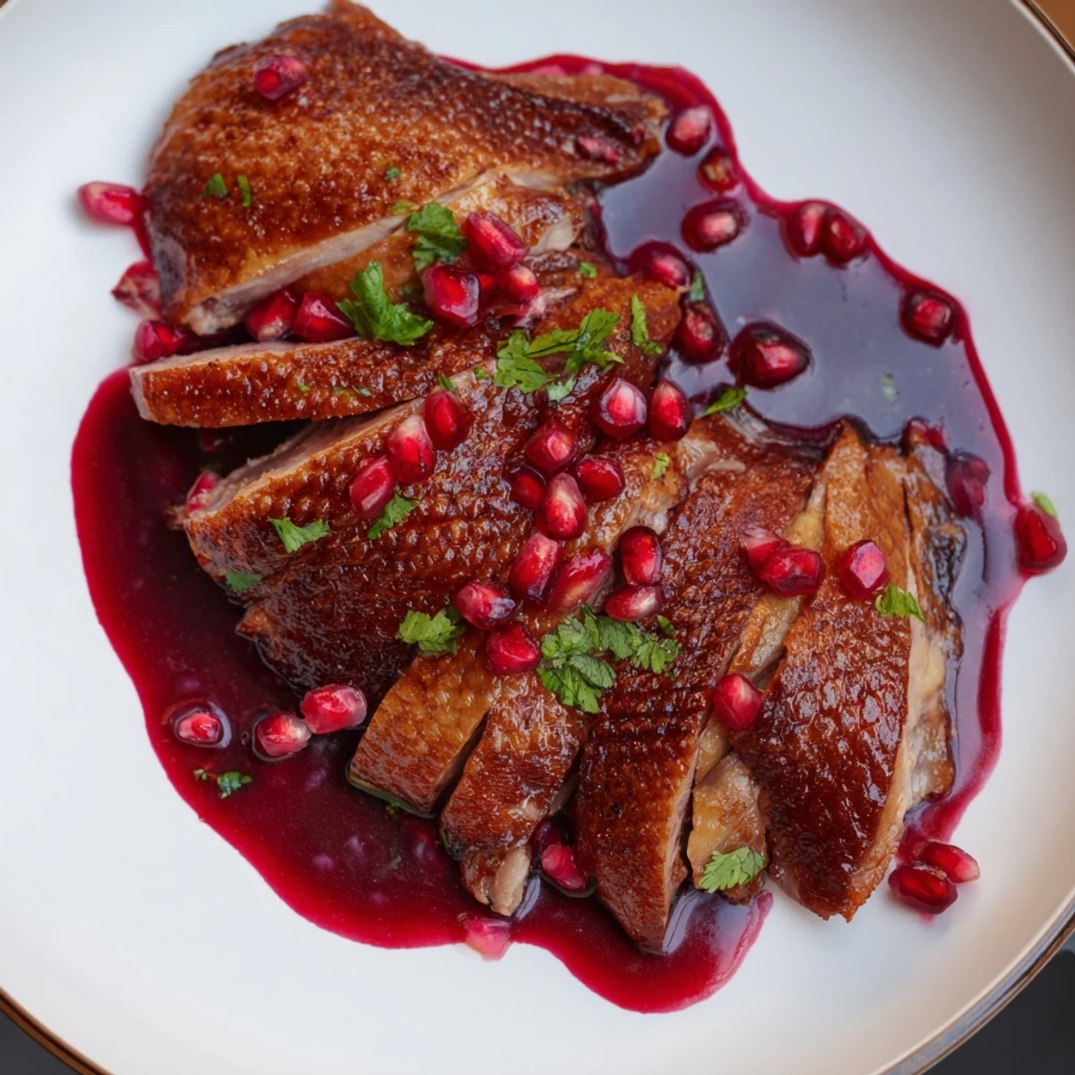 Crispy skin on roasted duck breast, glistening with sweet and tangy pomegranate reduction.