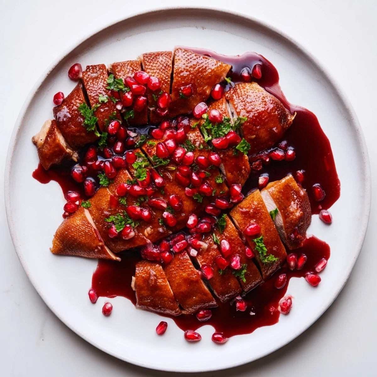 Succulent roasted duck breast, sliced and served with a vibrant pomegranate sauce, ready to enjoy.
