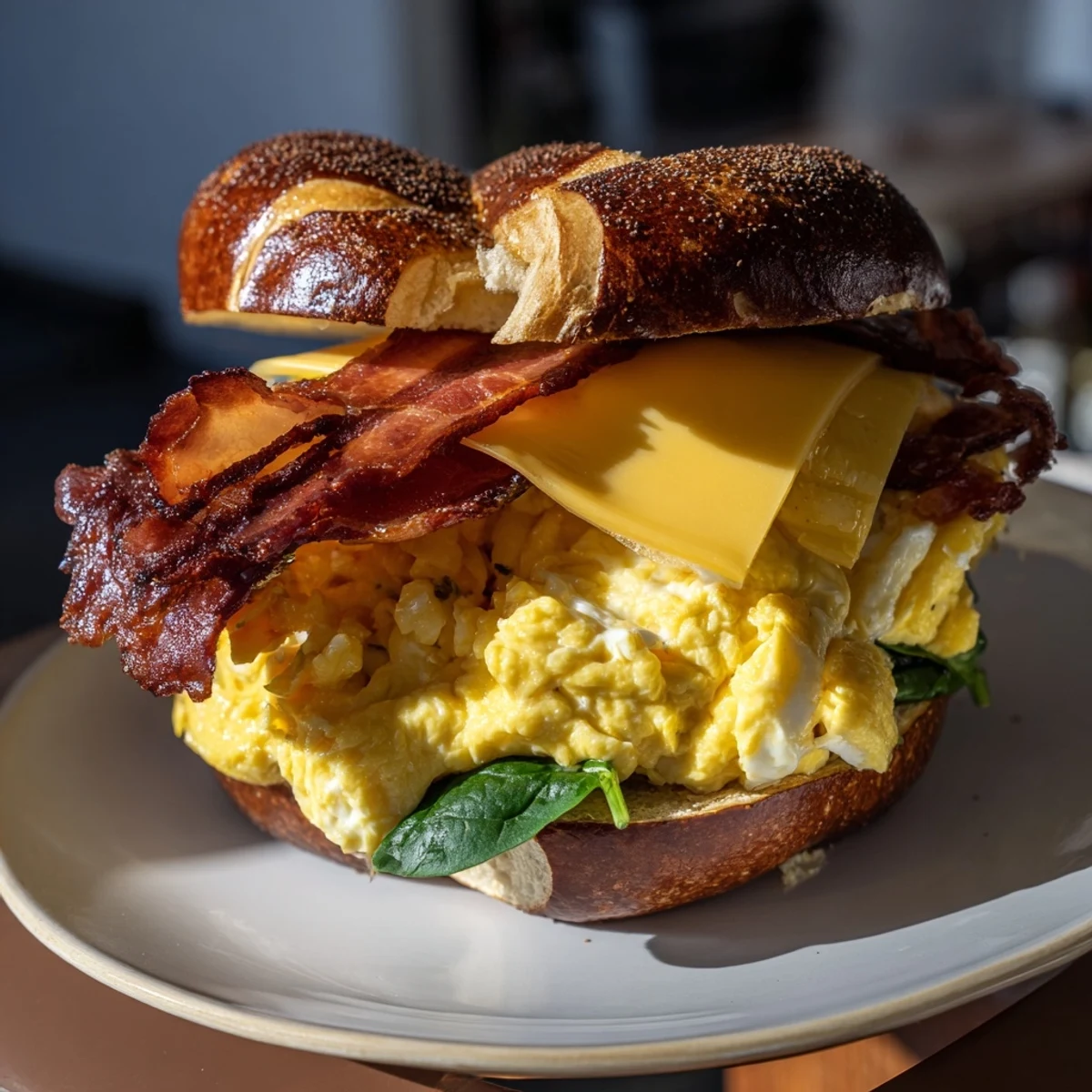 A fully loaded pretzel bagel breakfast sandwich, a perfect American morning meal with crispy bacon.