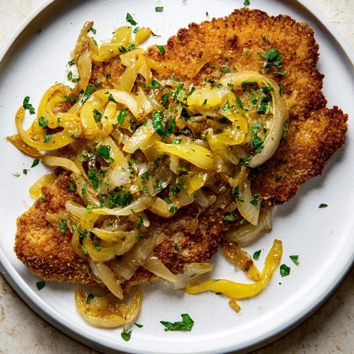 Crispy breaded Caramelized Onion Schnitzel, topped with glistening golden onions, ready to be served.