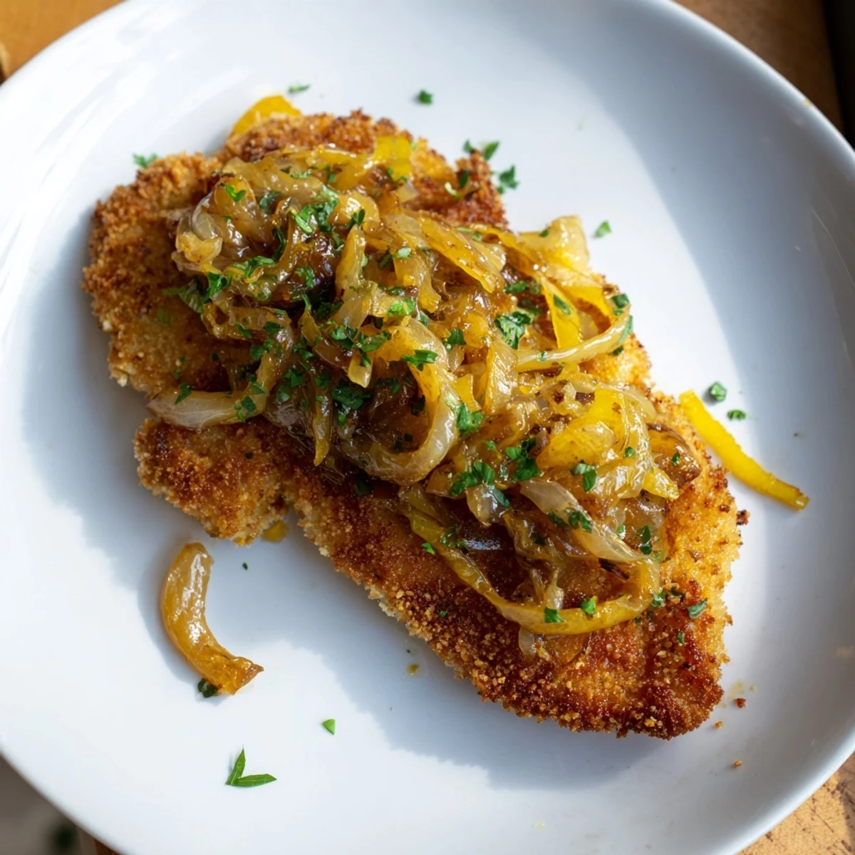 A close-up of a tender Caramelized Onion Schnitzel, garnished with fresh parsley and lemon wedges.
