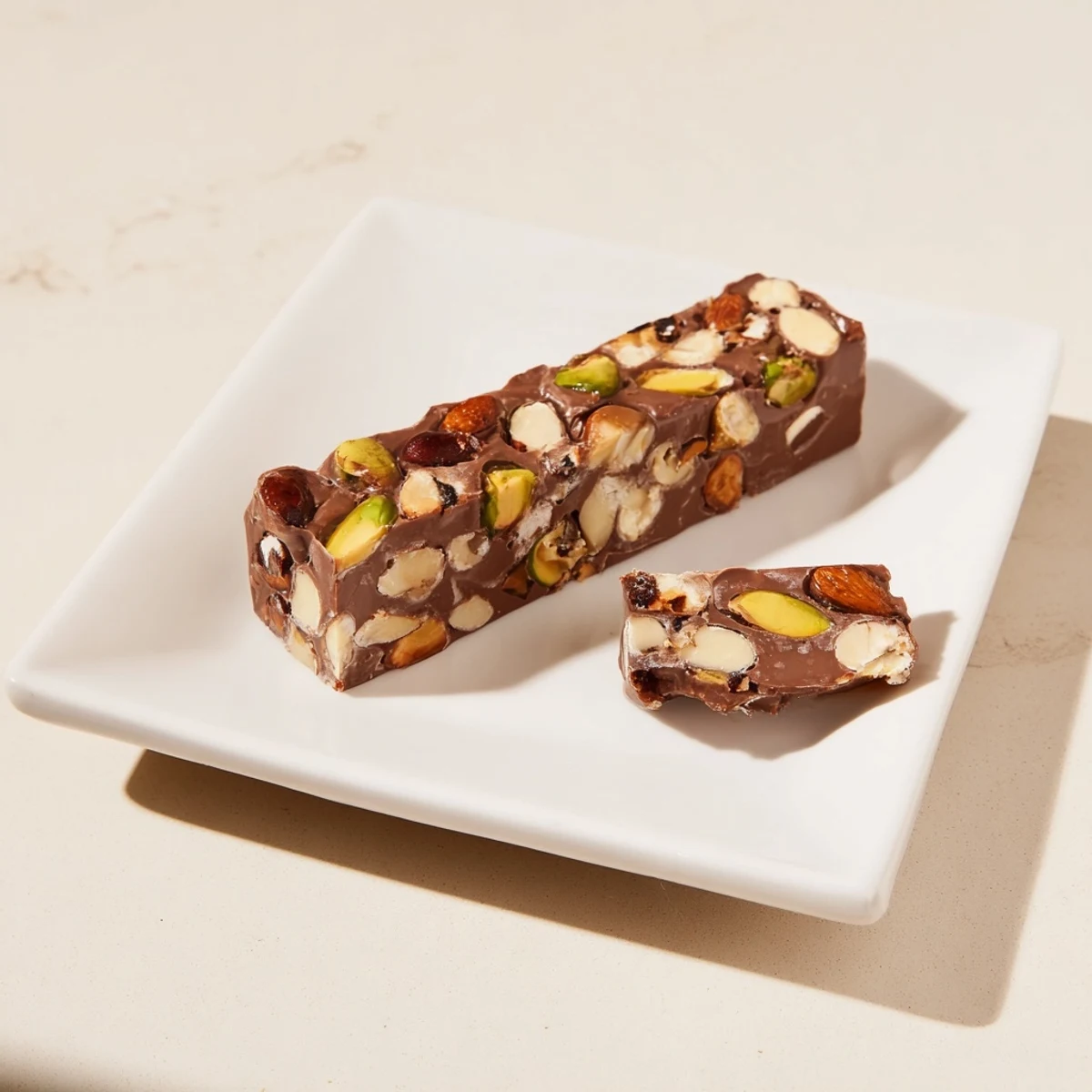 Golden-brown Nutty Nougat Snack Bars, studded with roasted nuts, ready to enjoy as a sweet treat.