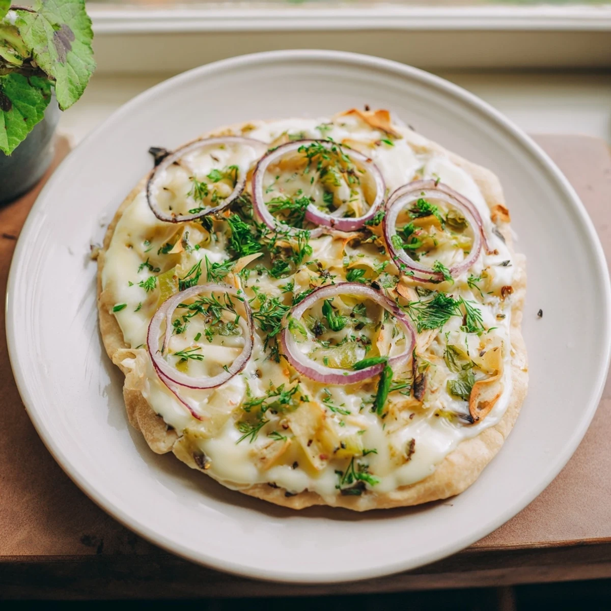 Golden, bubbly Savory Maultaschen Flatbread straight from the oven, showcasing a flavorful German fusion dish.