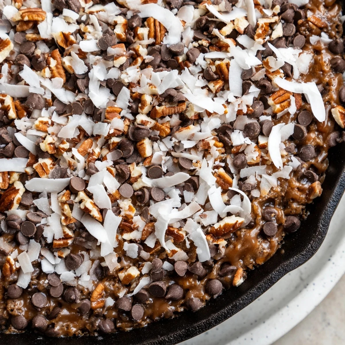 The gooey, rich German Chocolate Skillet Cookie, with a generous, toasted coconut-pecan topping.