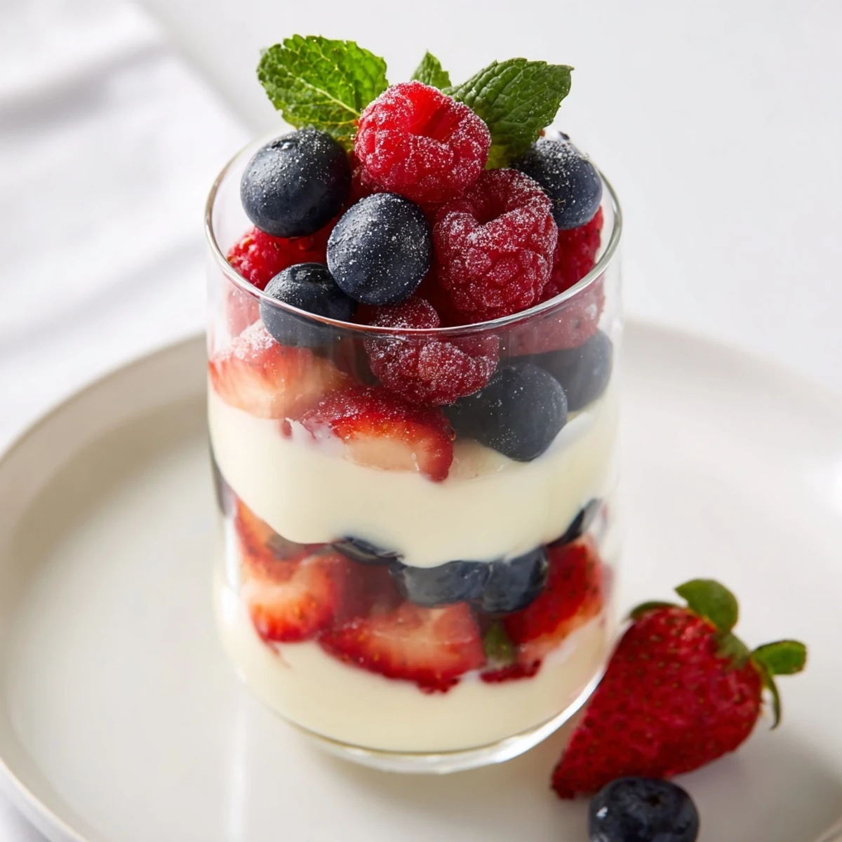 Cool, refreshing Berry Bavarian Yogurt Cups, perfect for summer, beautifully garnished with fresh mint.