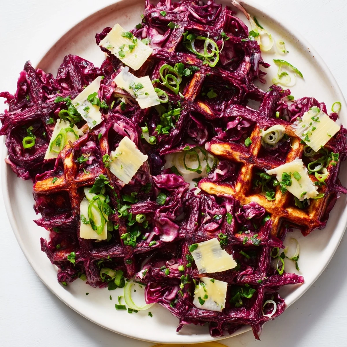Crispy Red Cabbage Waffles resting on a plate, showing off perfectly golden, crispy edges.