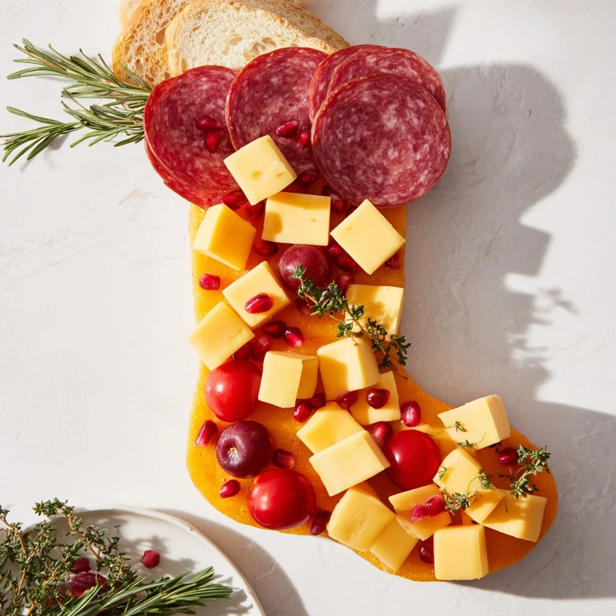 A colorful Christmas Stocking Snack Tray overflowing with cheese, salami, and fresh grapes.