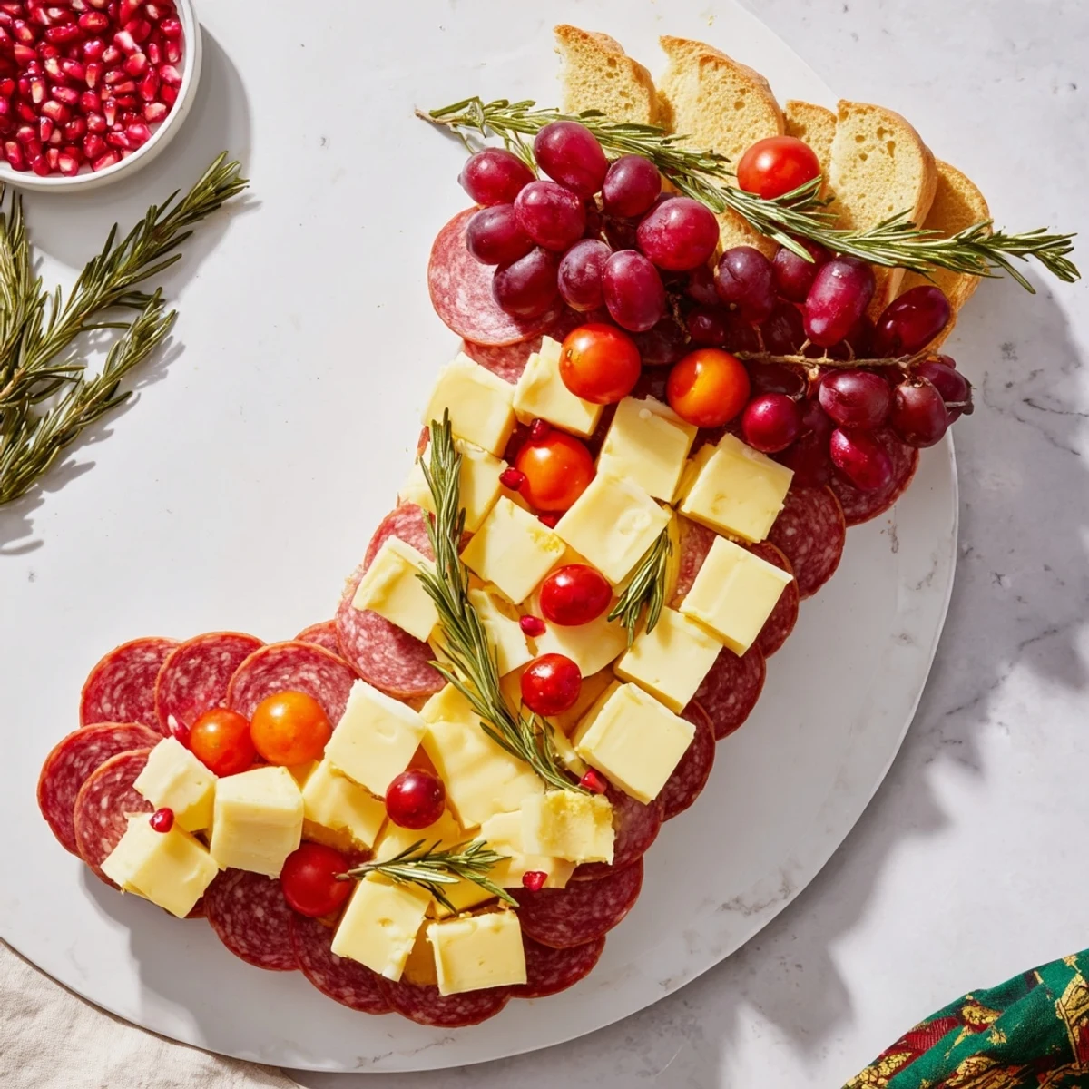 Festive Christmas Stocking Snack Tray, ready to be enjoyed at a holiday party with family.