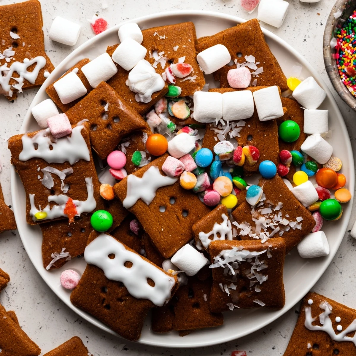 Gingerbread House Board: A colorful platter with gingerbread house pieces, candies, and sweets for decorating.