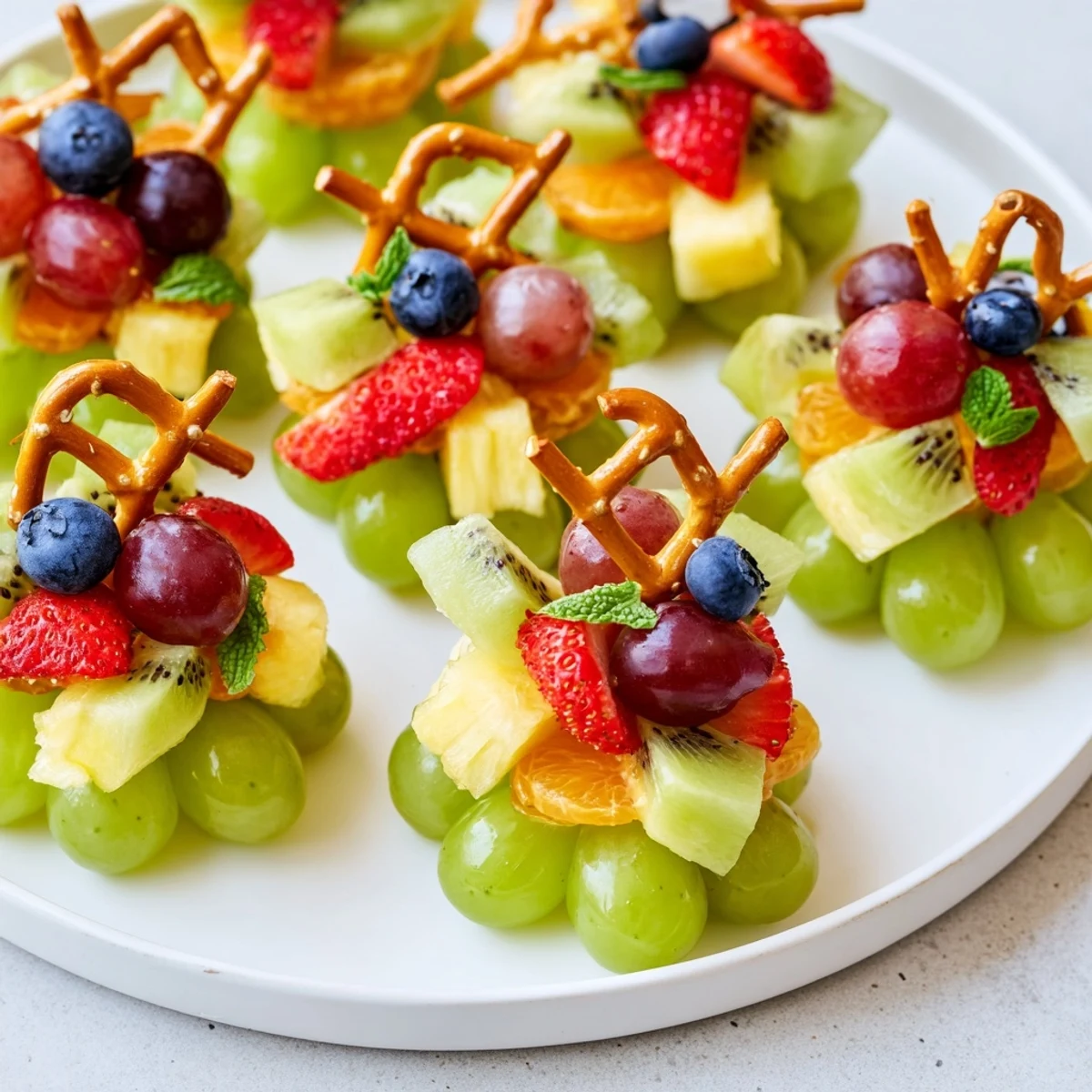 Festive Ornament Fruit Medley, a colorful holiday dessert with vibrant fruit arranged on a platter.