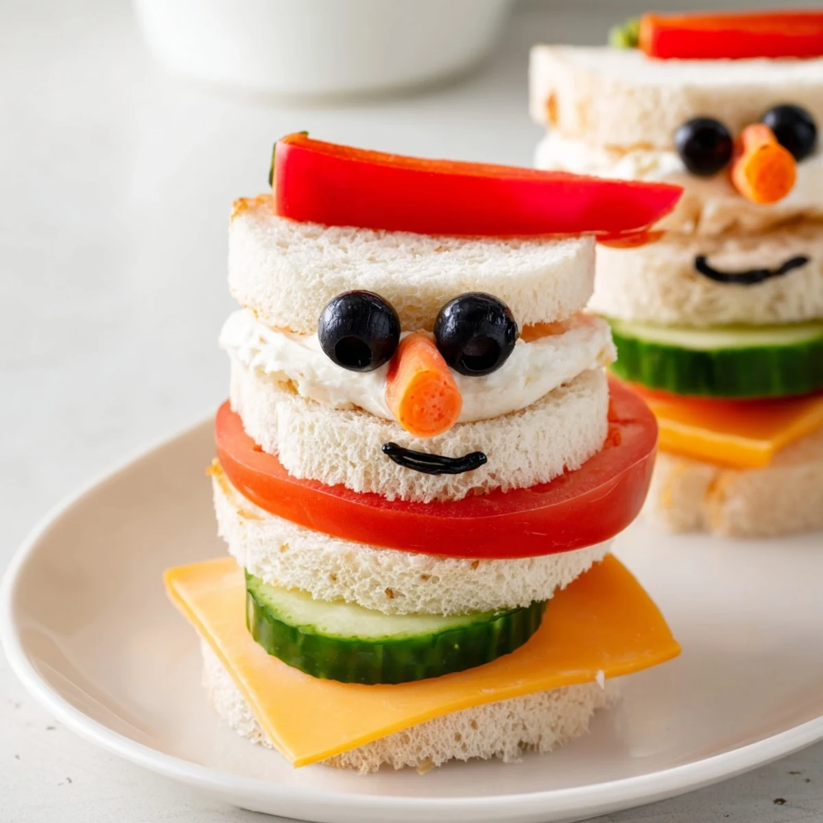 Enjoy a festive snowman sandwich stack, a fun and easy recipe for a holiday-themed meal.