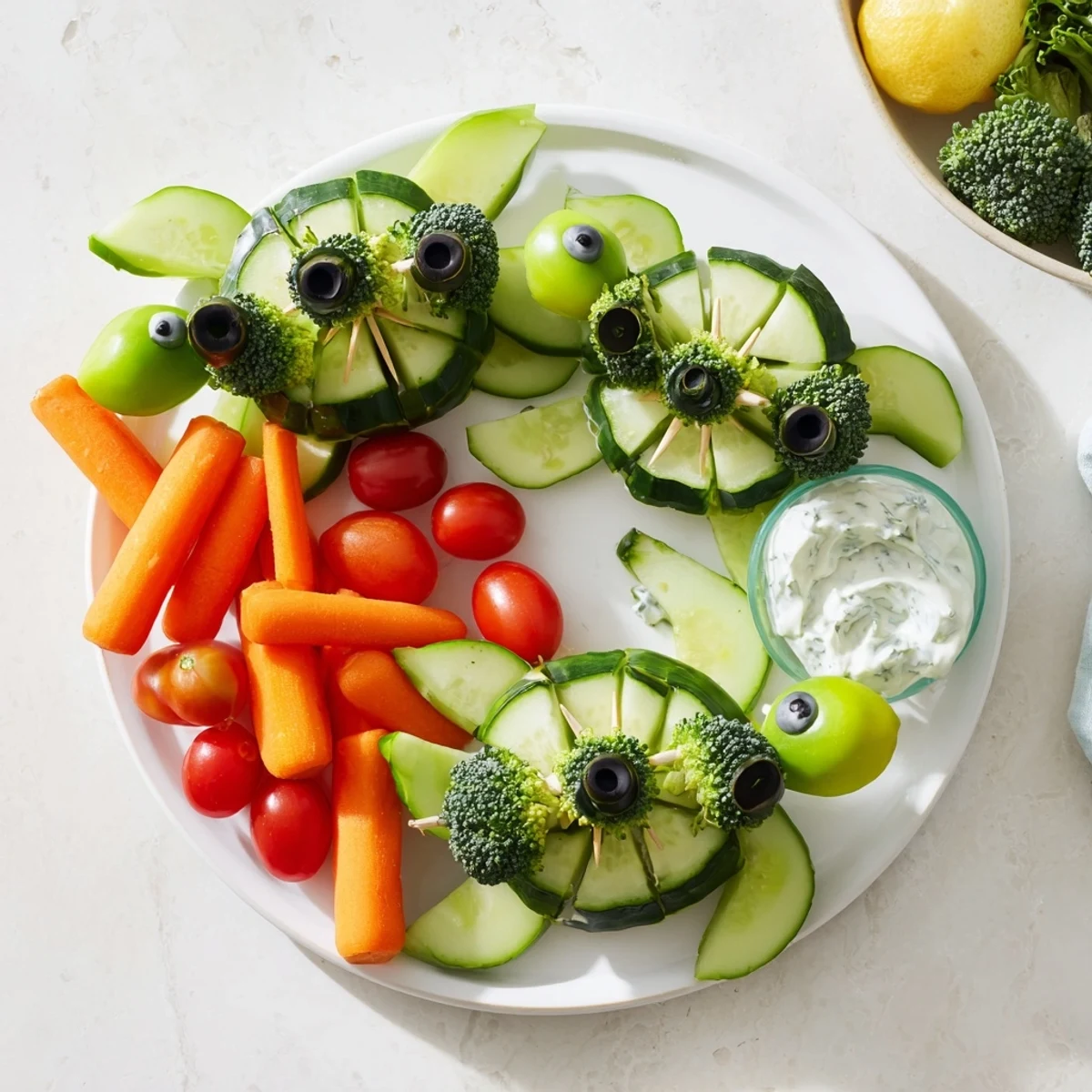 Fresh, colorful Slow & Savory Turtle Crudités arranged as whimsical vegetable turtles, perfect for a party.