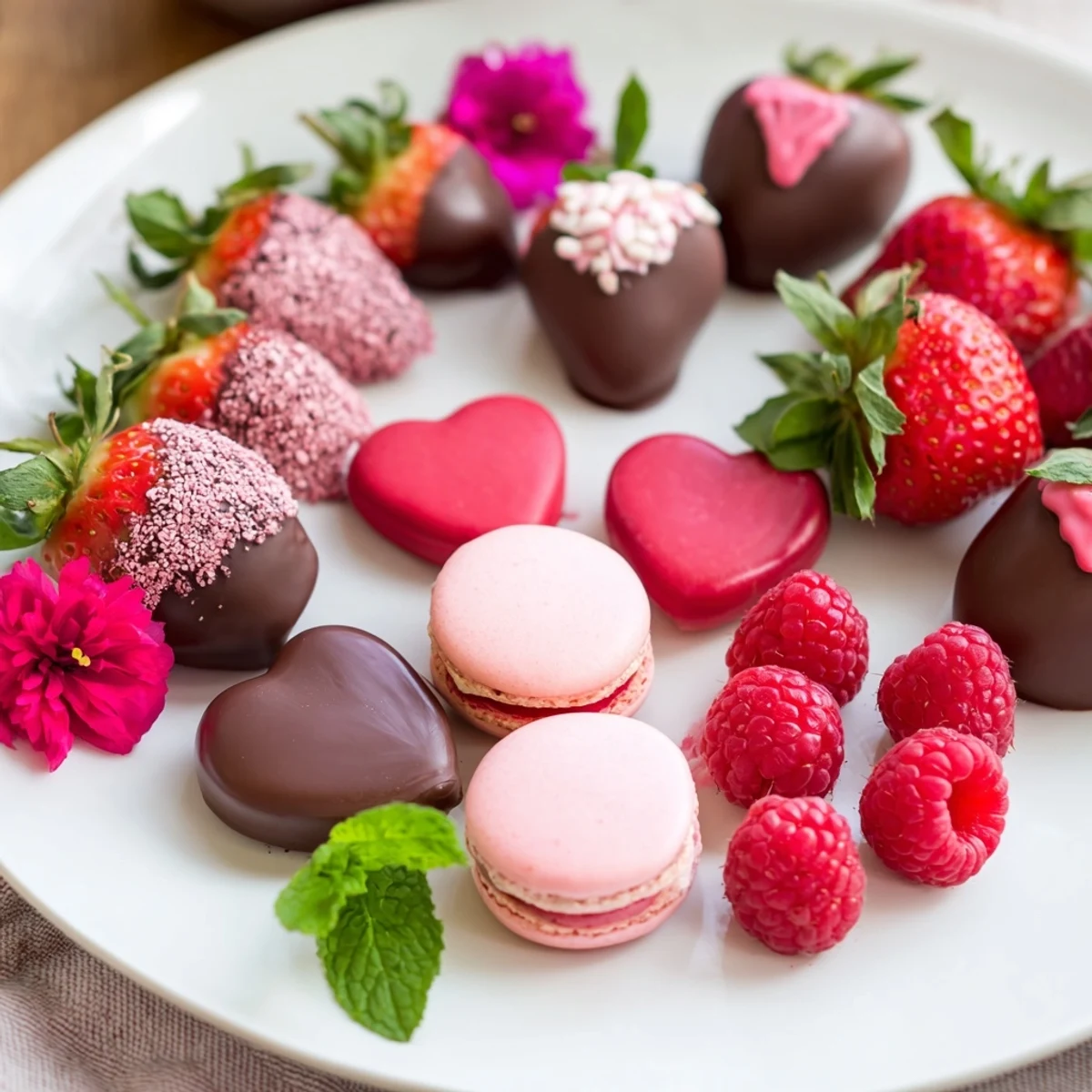 A romantic Sweetheart Valentine's Day Board with fresh fruits, cookies, and colorful macarons, perfect for sharing.