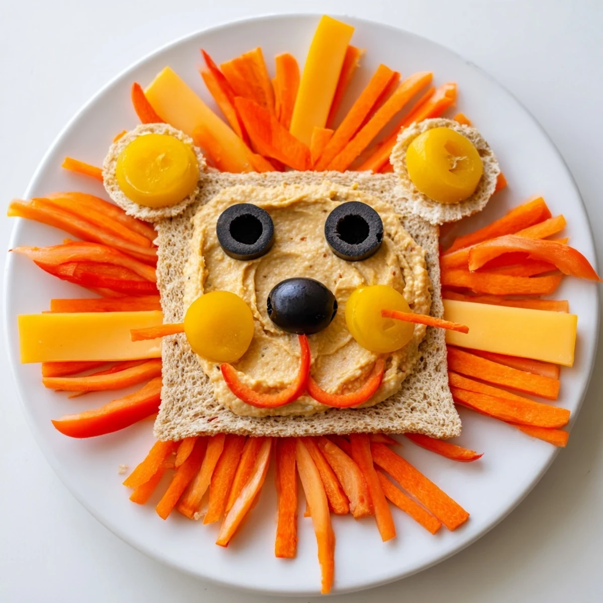 A fun King of the Jungle Lion Lunch Board, showcasing a creative healthy lunch arrangement the kids will love.