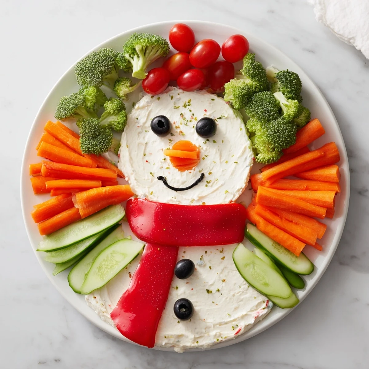 A snowman veggie dip platter: creamy dip forms a smiling snowman, surrounded by colorful, crunchy vegetables.