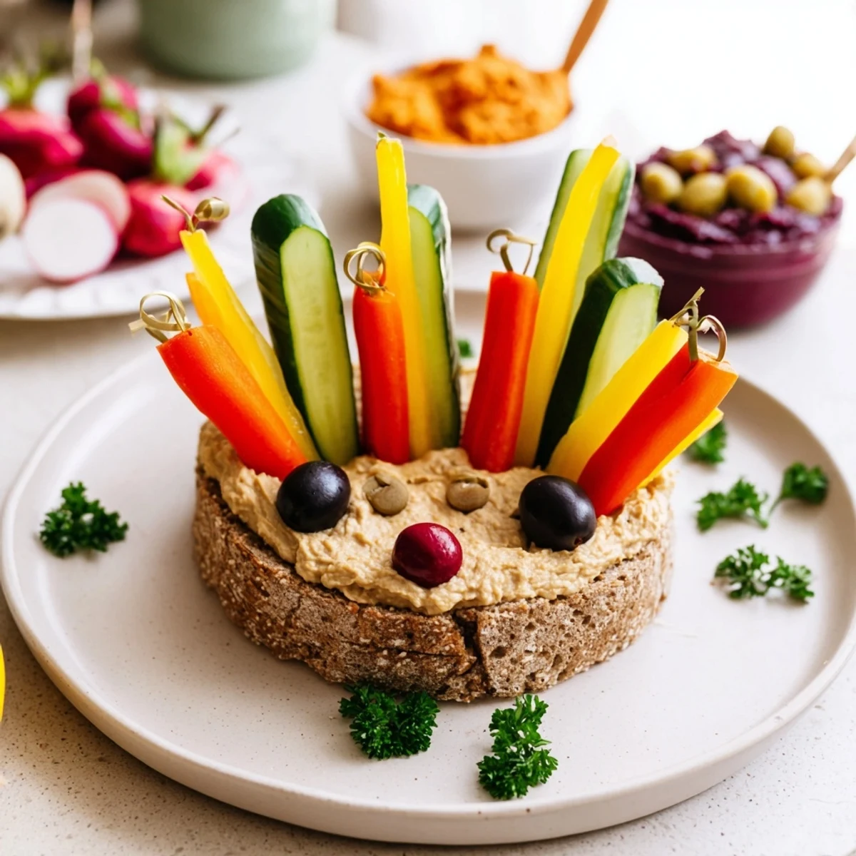 A vibrant Autumn Hedgehog Dip Platter featuring fresh veggie spines and various dips for dipping.