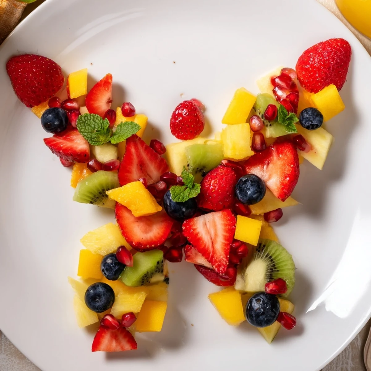 A vibrant Papillon de Fruits dÉté Vifs fruit salad, artfully arranged for a summer dessert.