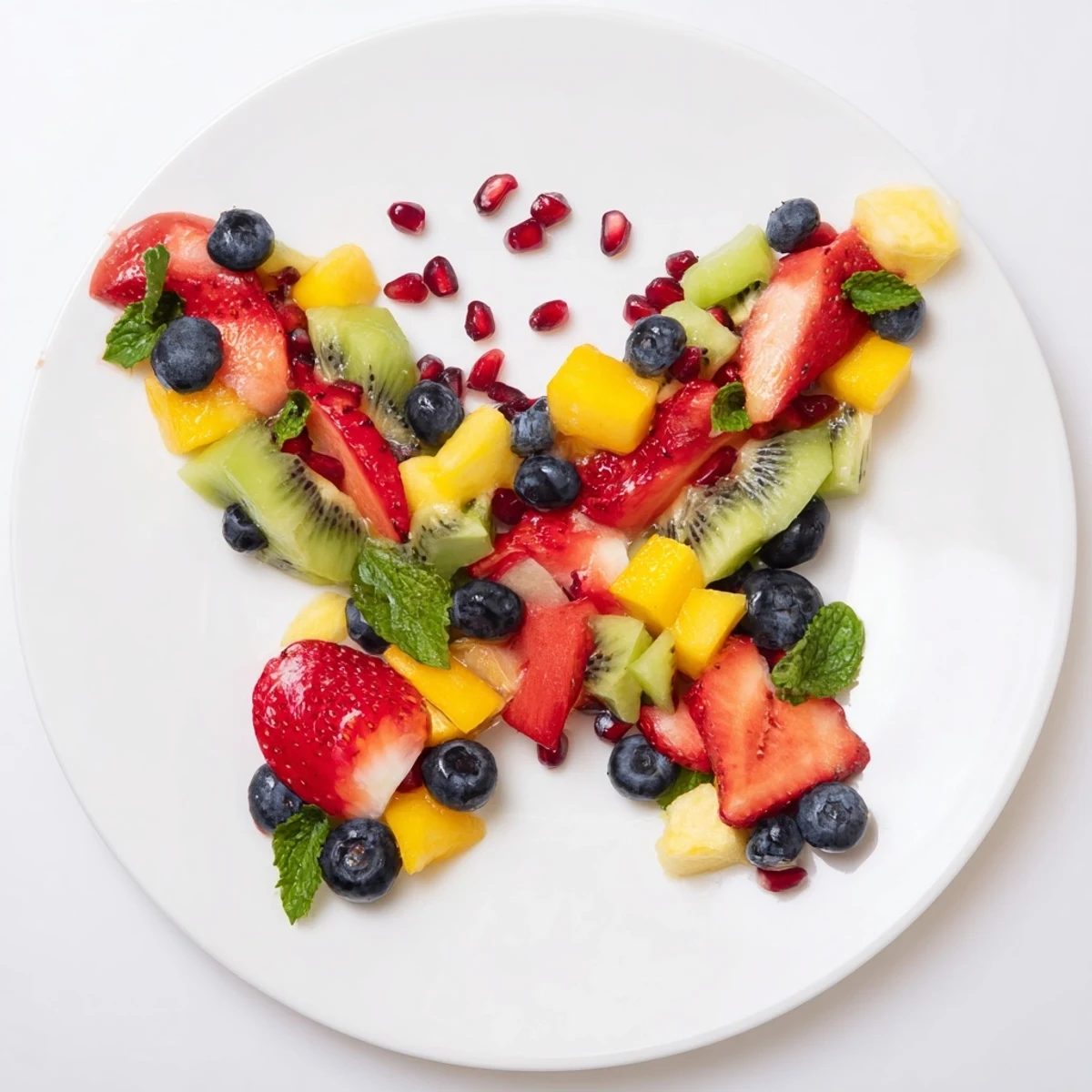 Imagine a Papillon de Fruits dÉté Vifs: a colorful summertime fruit salad with mint and pomegranate.