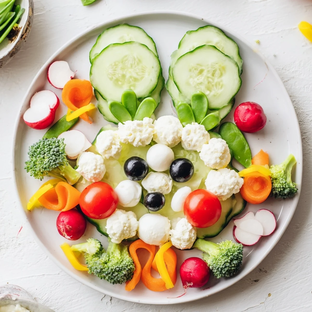 Vibrant overhead shot of an Easter Bunny Spring Platter showcasing a fun, healthy vegetarian appetizer.