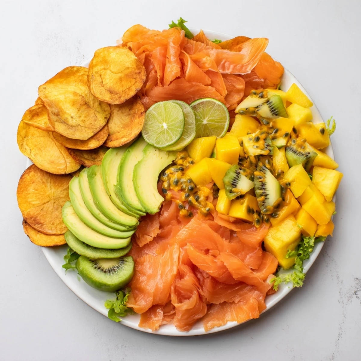 Tropical Wave Tasting Platter with colorful fruits, shrimp, and sauces, perfect for sharing.