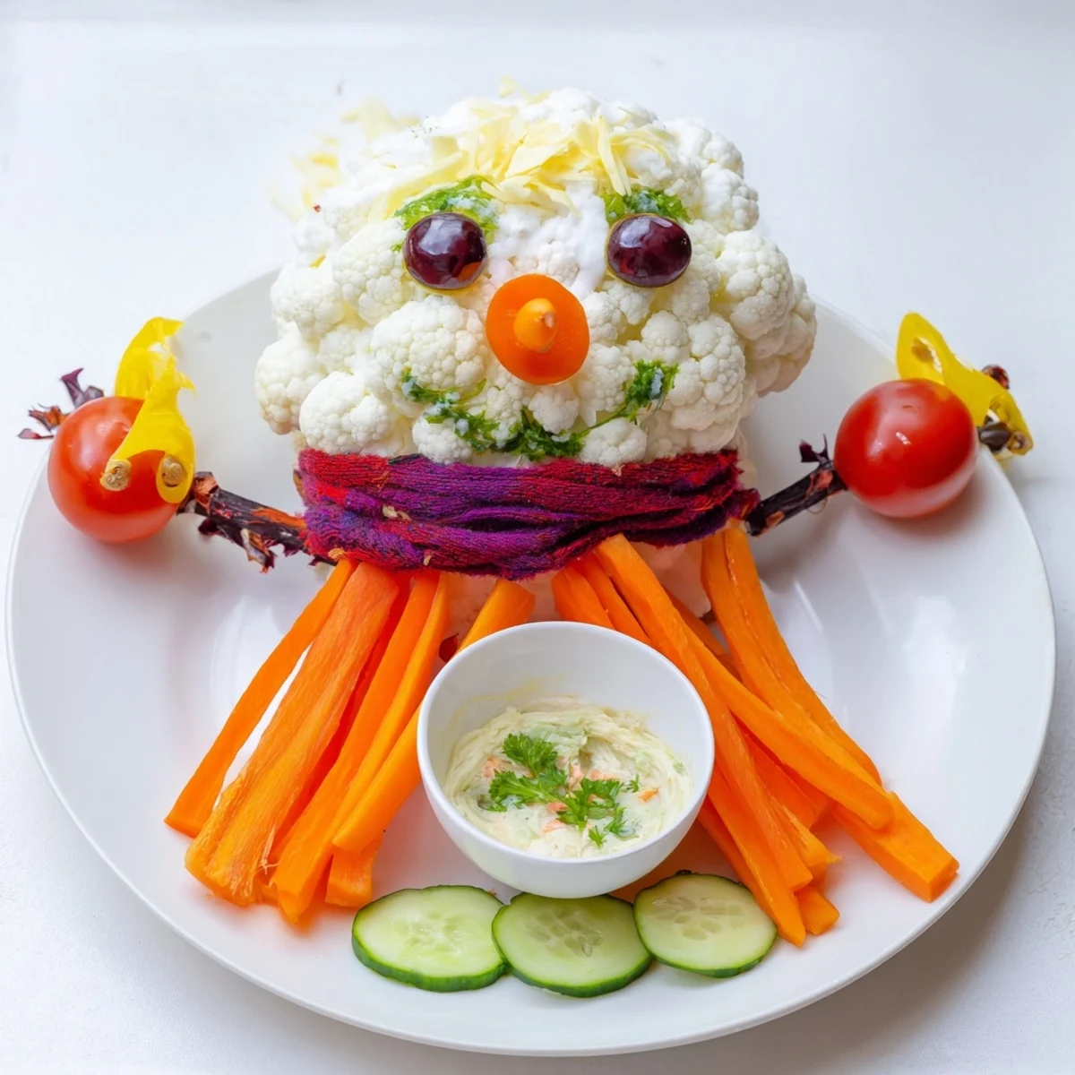 Festive snowman crudités with dip: a whimsical and colorful appetizer ready for dipping and fun.