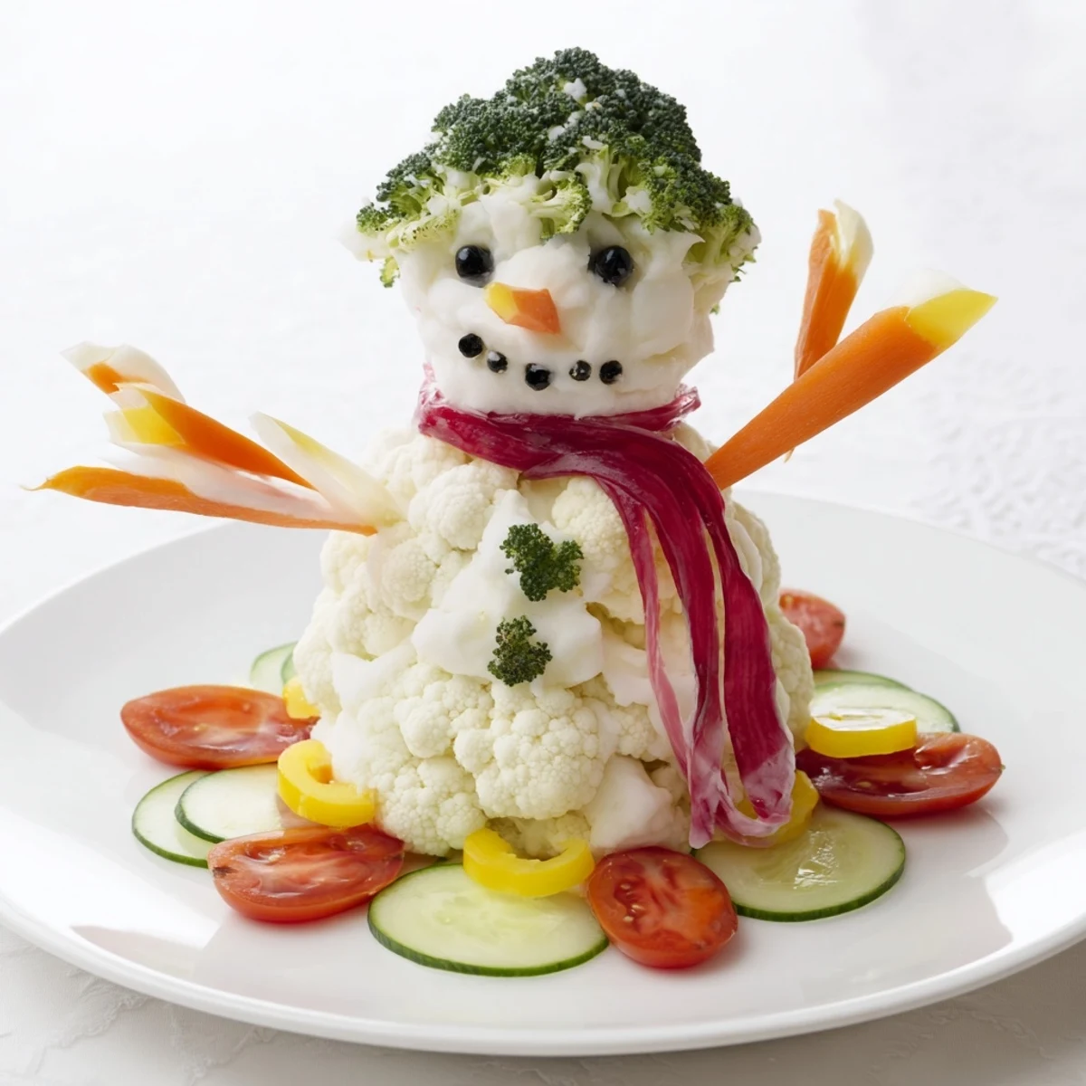 A close-up of a delightful snowman crudités with dip, featuring fresh, colorful vegetable arrangements.