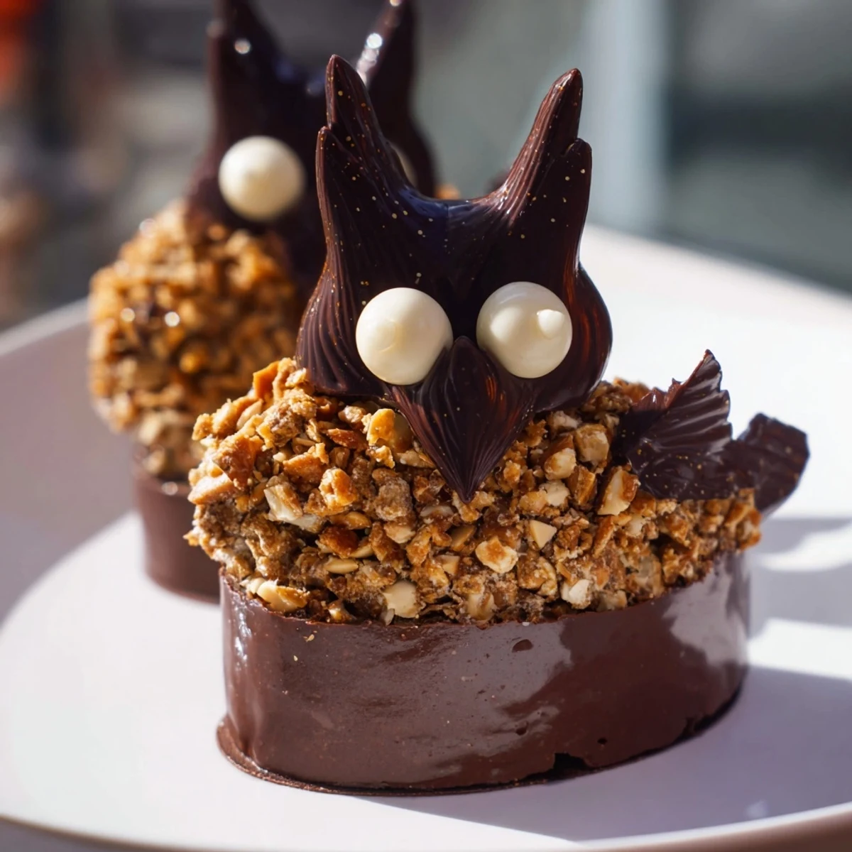 A close-up of a finished Plaisirs Sucrés Hibou de la Nuit entremets with owl decorations and glaze.