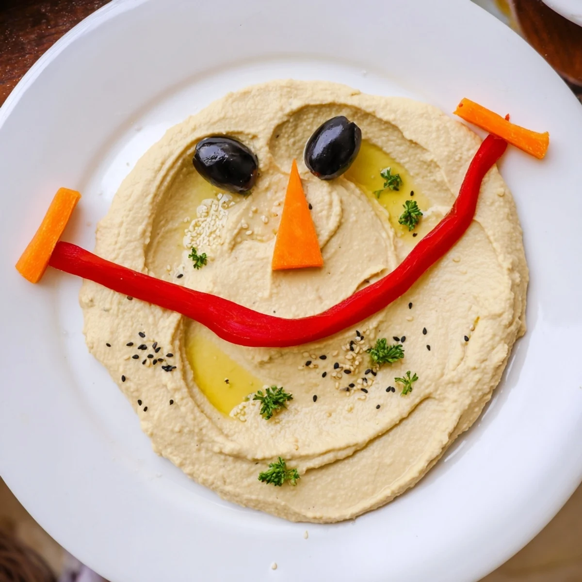 Melted Snowman Hummus Platter with carrot nose and olive eyes for a festive appetizer.