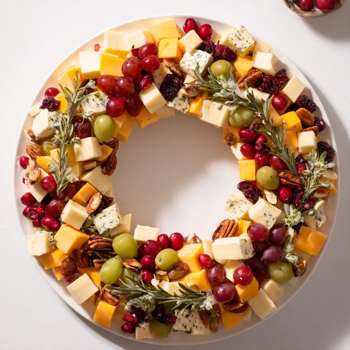 Holiday Wreath Cheese Ring: A stunning holiday appetizer featuring colorful cheeses, fruits, and garnishes, ready to serve.