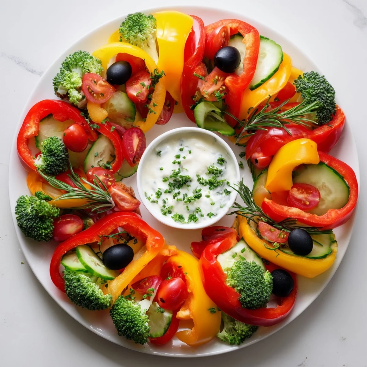 Bright red, yellow, and green bell pepper wreath with veggie dip, perfect for parties and easy to make.