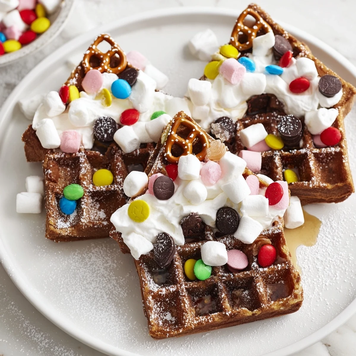 Festive gingerbread house waffle bar: a holiday breakfast with spiced waffles and colorful toppings.