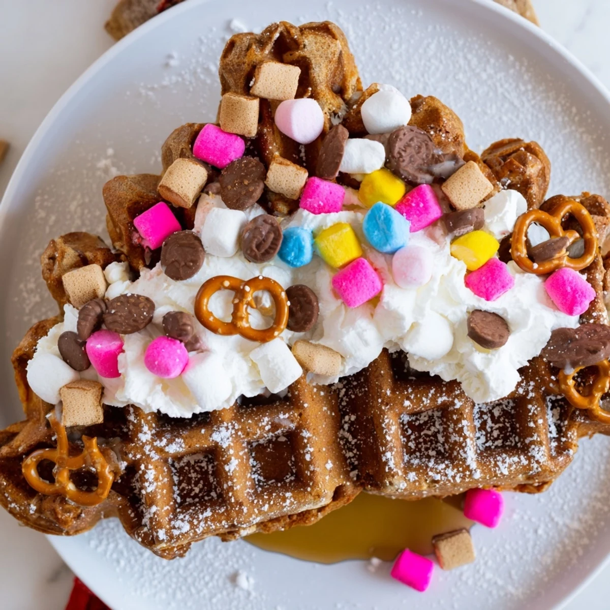 Build your own gingerbread house with fluffy waffles and whimsical toppings for a fun meal.