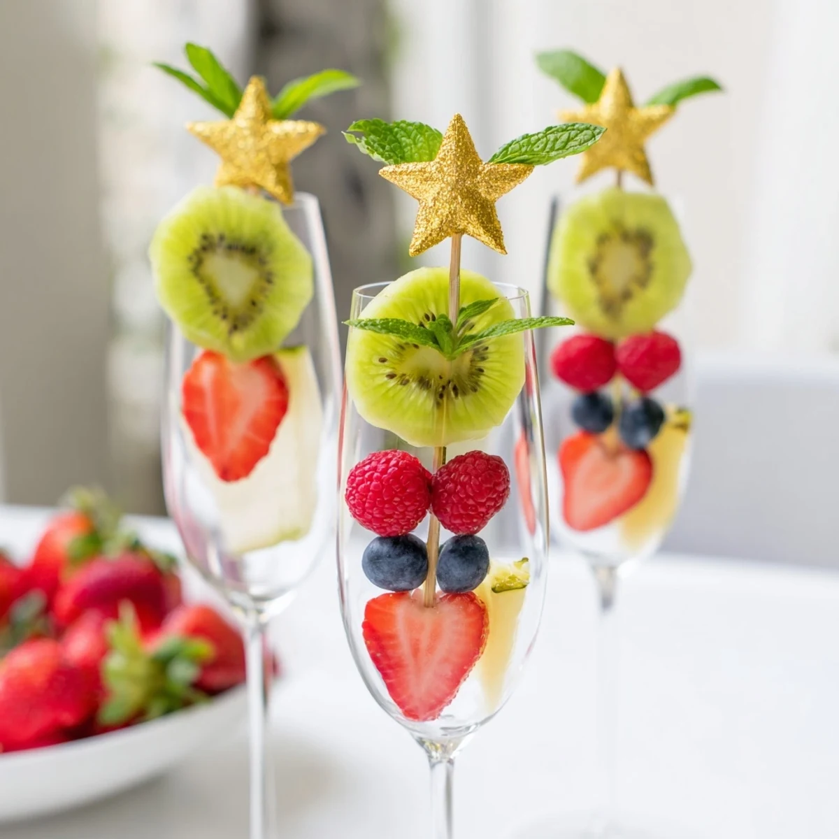 Vibrant close-up of Champagne Flute Fruit Garnishes with colorful fruit, perfect for New Year's Eve celebrations.