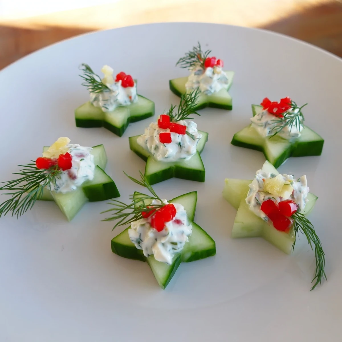 Bright, refreshing Cucumber and Dill Christmas Stars, perfectly shaped and ready to enjoy at a holiday party.