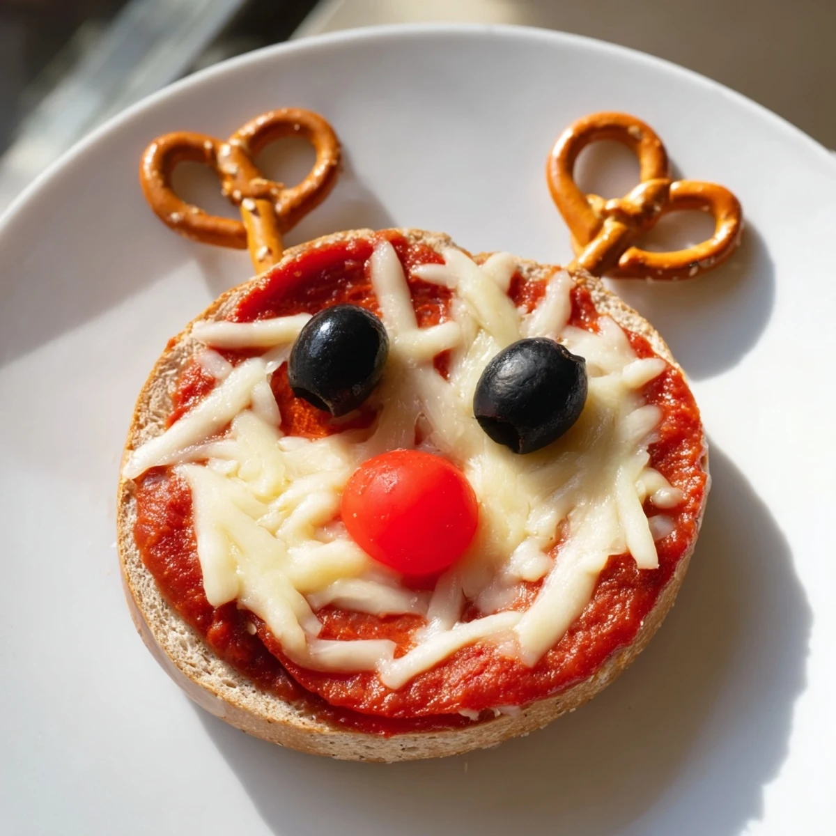 Reindeer Face Pizza Bagels, bubbly cheese and festive reindeer faces, perfect for a fun holiday snack.