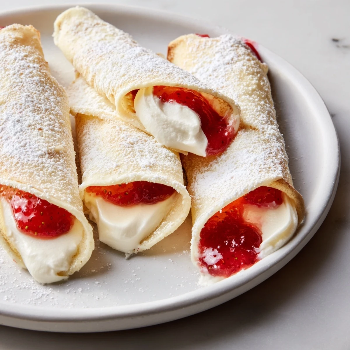Schneeflocken-Tortilla-Wraps, gefüllt mit cremigen Käse, leckerem Gelee und Puderzucker bestreut.